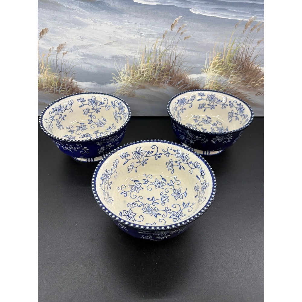 Temp-tations Floral Lace Cobalt Blue White Ceramic Footed Bowls Set of 3 6 inch
